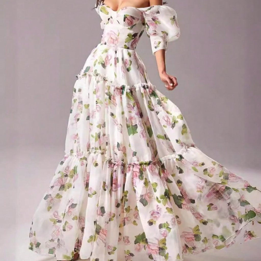 Pink Elegant Women's Off Shoulder Maxi Dress With Floral Ruffle Skirt